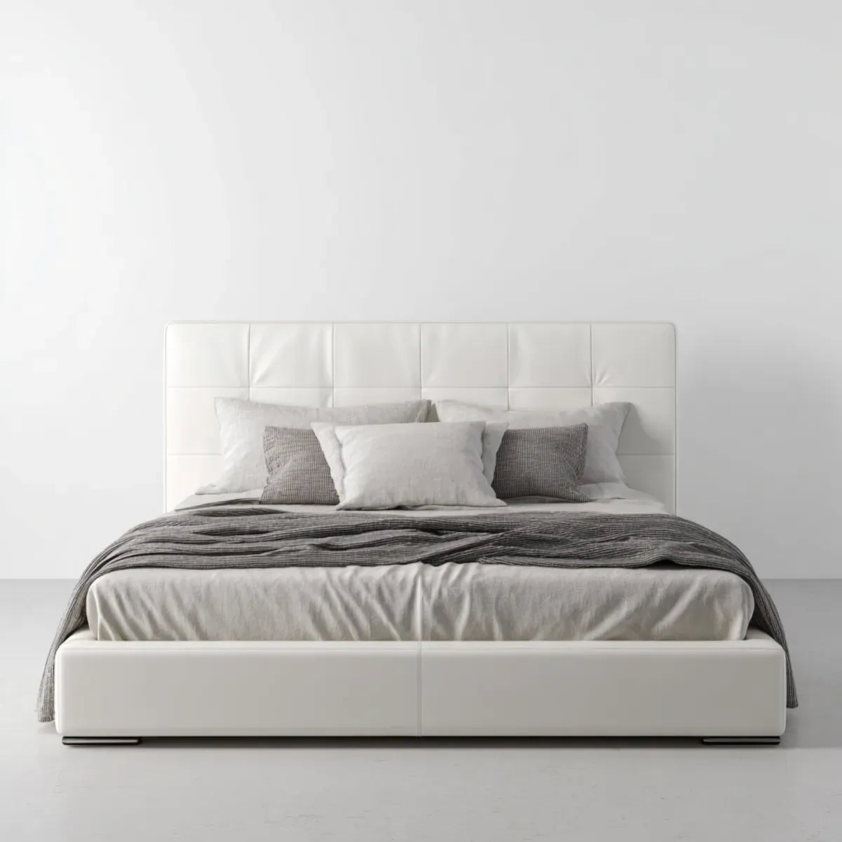Lit double blanc 160 x 200 cm en similicuir PU rectangulaire avec tête de lit capitonnée