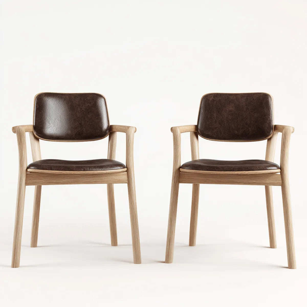 Lot de 2 fauteuils de salle à manger marron et naturel en chêne massif et similicuir PU 56 x 55 x 79 cm