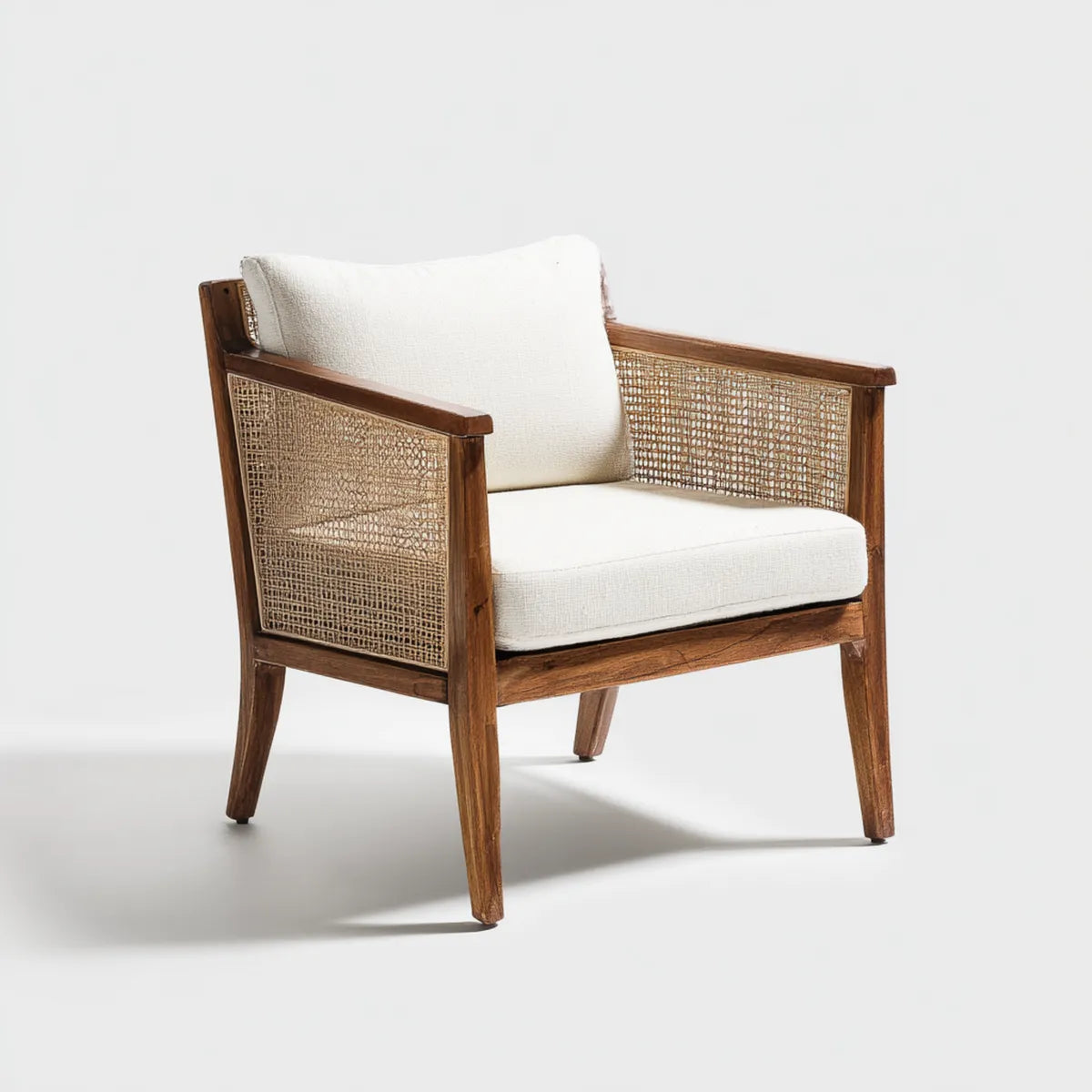 Fauteuil de salon beige et marron en bois massif avec cannage en rotin 70 x 75 x 80 cm