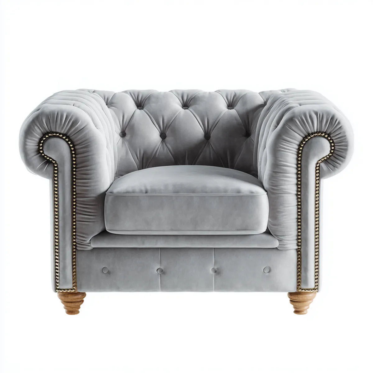Fauteuil Chesterfield capitonné gris argenté en velours polyester 120 x 90 x 82 cm