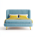 Lit double 160 x 200 cm bleu en velours de polyester avec tête de lit arrondie capitonnée