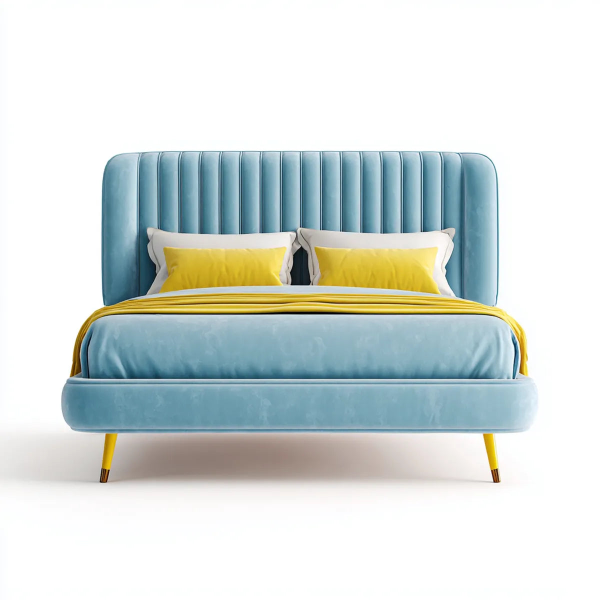 Lit double 160 x 200 cm bleu en velours de polyester avec tête de lit arrondie capitonnée