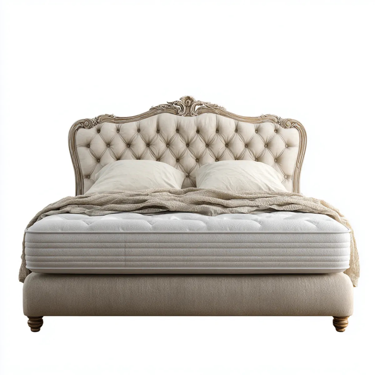 Lit double capitonné beige 160 x 200 cm en polyester et MDF avec tête de lit incurvée