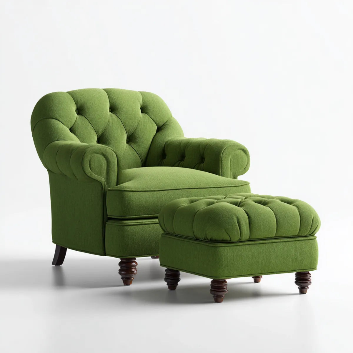 Fauteuil capitonné avec repose-pieds vert en polyester forme arrondie 100 x 95 x 100 cm et 75 x 55 x 42 cm