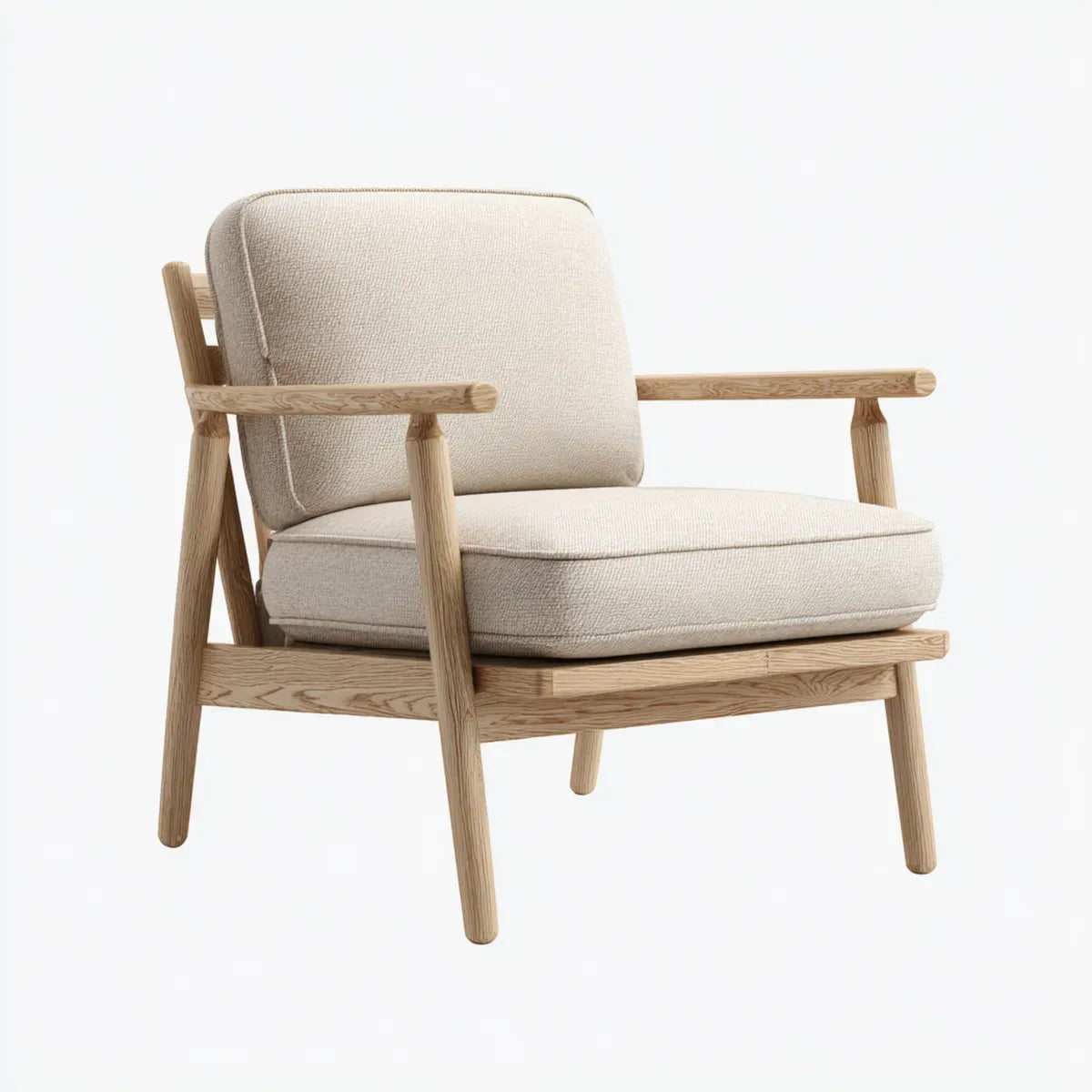 Fauteuil de salon à dossier rectangulaire beige en chêne massif et polyester 75 x 80 x 83 cm